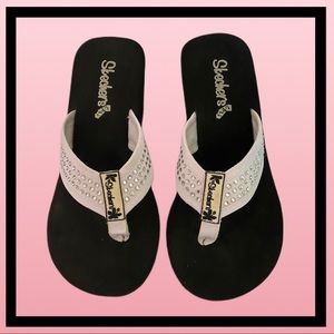 Skechers White Rhinestone Foam Platform Flip Flops